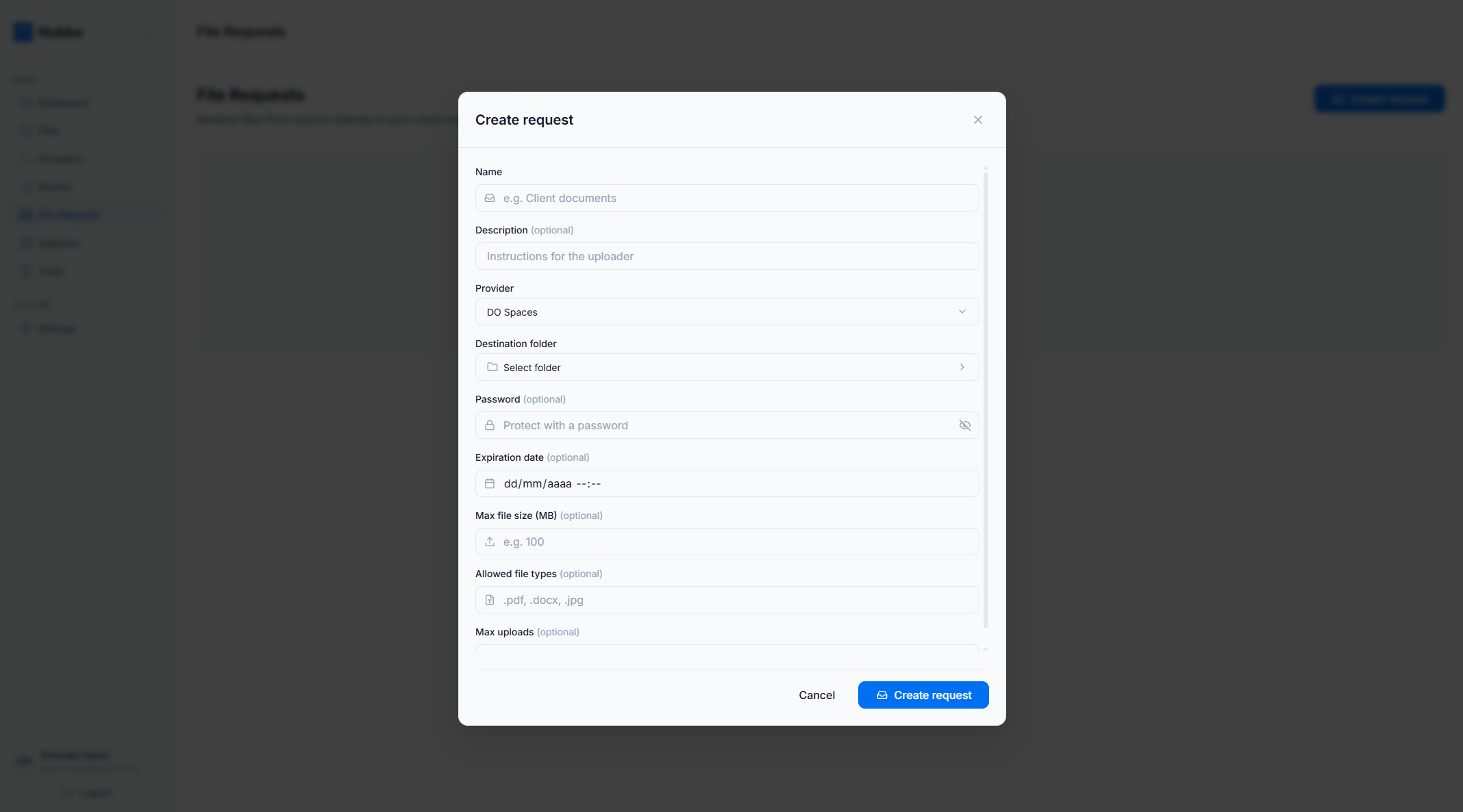 Nubbo file request creation form with name, destination folder, password, expiration, file size limit, allowed types and upload limit
