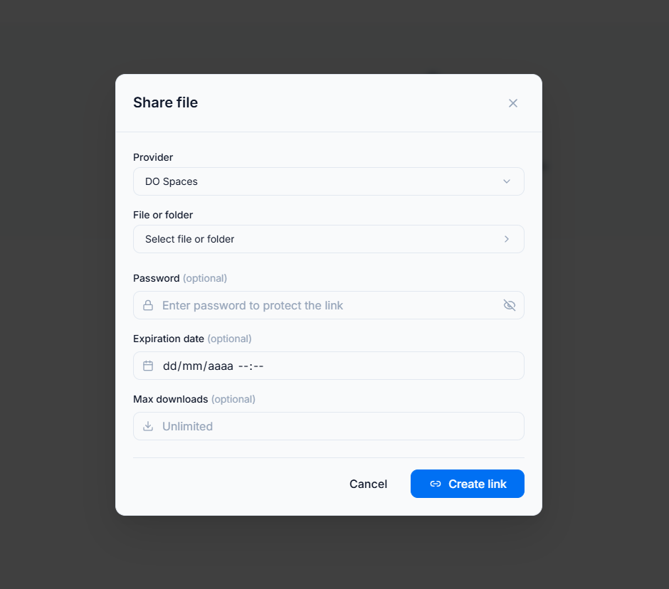 Nubbo share dialog with password, expiration date and download limit options