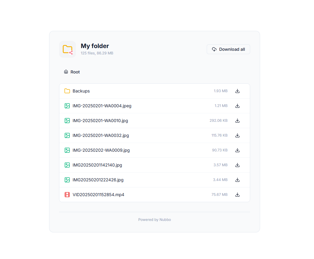 Nubbo shared folder view showing files, subfolders, sizes and download options